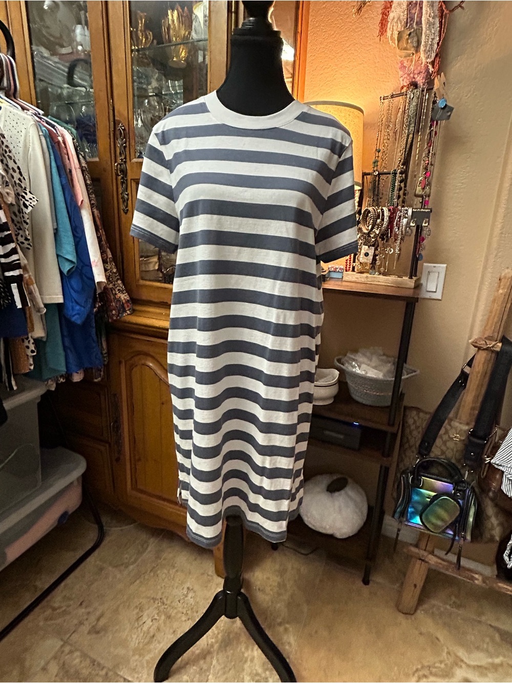 Old Navy Blue and White Striped Midi T-Shirt Dress